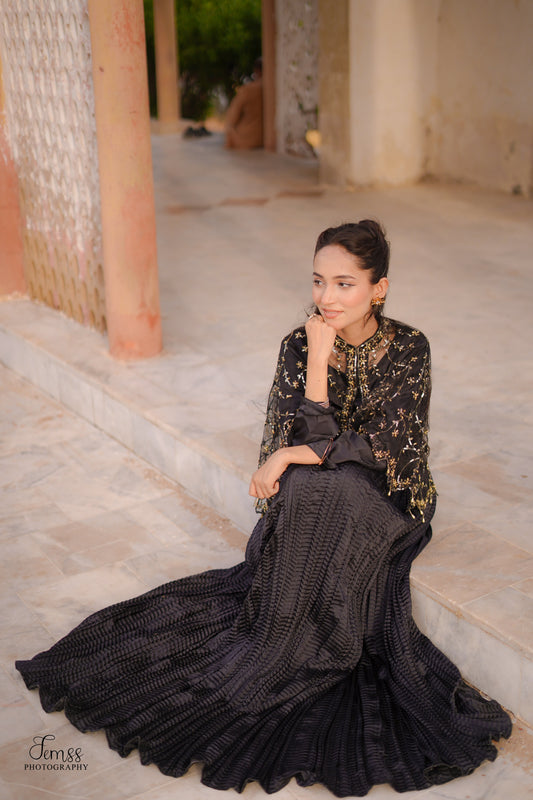 Midnight Allure In Black Arora Allure Cape & Embellished Crush Maxi