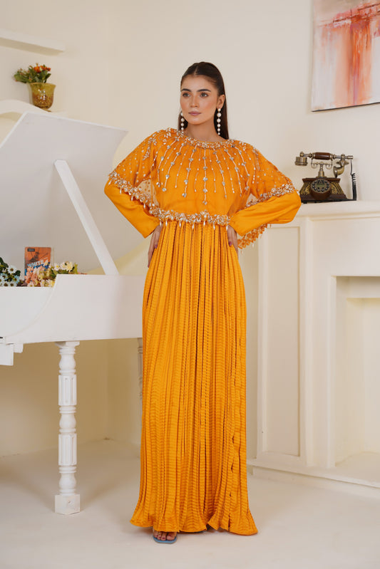 Lumiere Lines Hand Embellished in Hue Orange Cape with Pleated Maxi