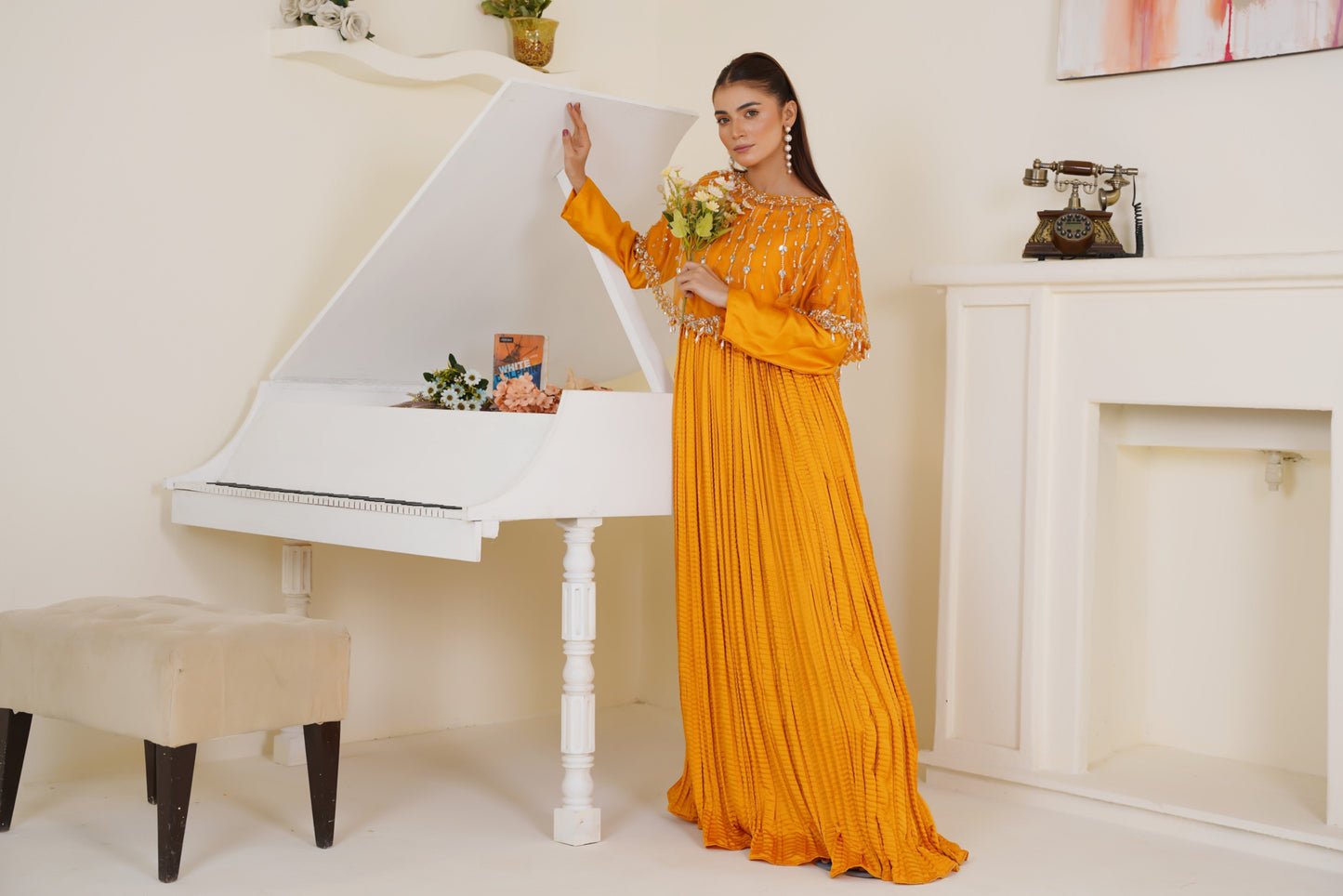 Lumiere Lines Hand Embellished in Hue Orange Cape with Pleated Maxi