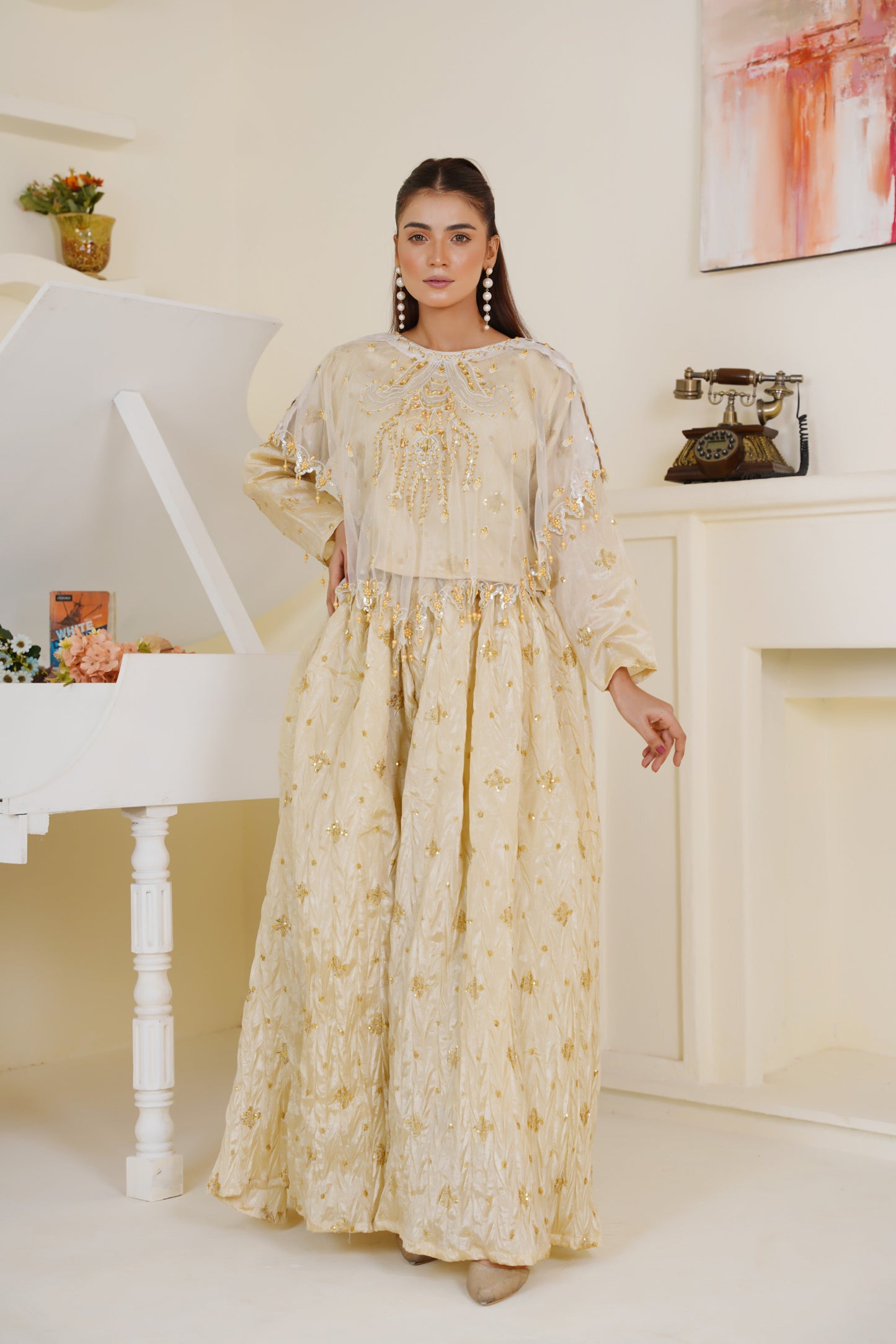 White Viora Majestive Cape Set – Elegant Cape with Choli & Work Boti Sharara | Best for Nikkah Function & Festive Wear for Women