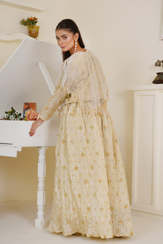 White Viora Majestive Cape Set – Elegant Cape with Choli & Work Boti Sharara | Best for Nikkah Function & Festive Wear for Women