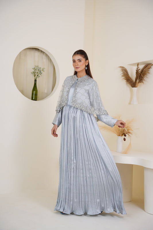 Regal Grid Silver Grey || Hand Embellished Cape with Crush Maxi