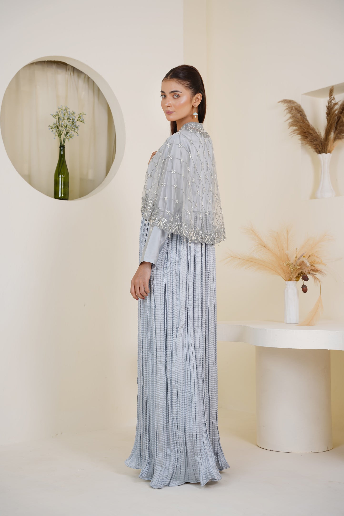 Regal Grid Silver Grey || Hand Embellished Cape with Crush Maxi