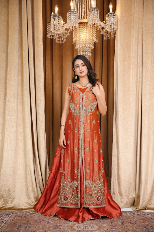 Rust Elegance Resham & Zari Work Gown | Customizable Wedding & Festive Wear for Women | Available in All Sizes & Colors