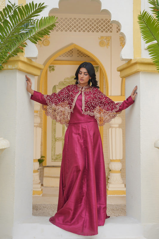 Regal in Ruby Maroon Gilded Elegance Cape & Embellished Lehnga and Choli