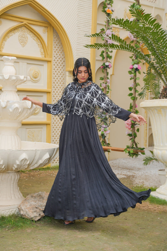 Midnight Majesty In Black Sitara Silhouettes Cape & Embellished Crush Flare Maxi