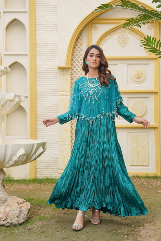 Glamour in Green Viora Majestic Cape & Embellished Crush Flare Maxi