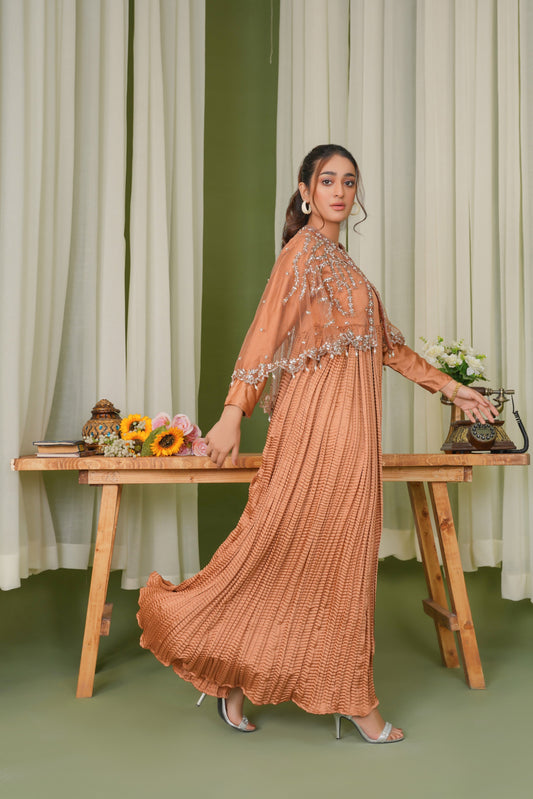 Radiance in Peach Majestic Cape & Embellished Crush Long Flare Maxi