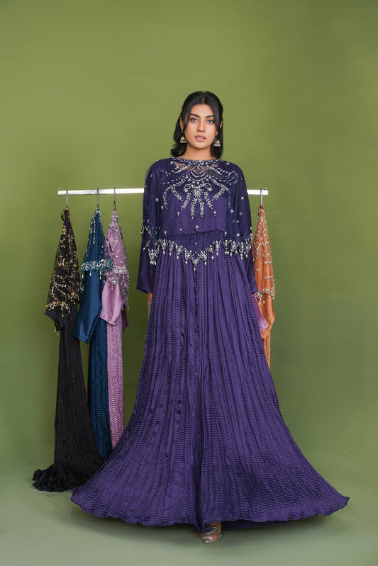 Serene in Sapphire Blue In Viora Majestic Cape & Luxe Crush Flarry Maxi
