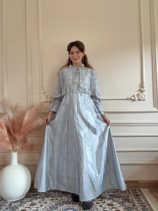 Regal Grid Silver Grey || Hand Embellished Cape with Crush Maxi
