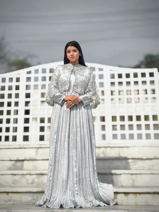 Regal Grid Silver Grey || Hand Embellished Cape with Crush Maxi