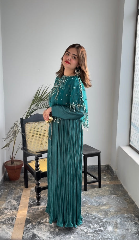 Glamour in Green Viora Majestic Cape & Embellished Crush Flare Maxi