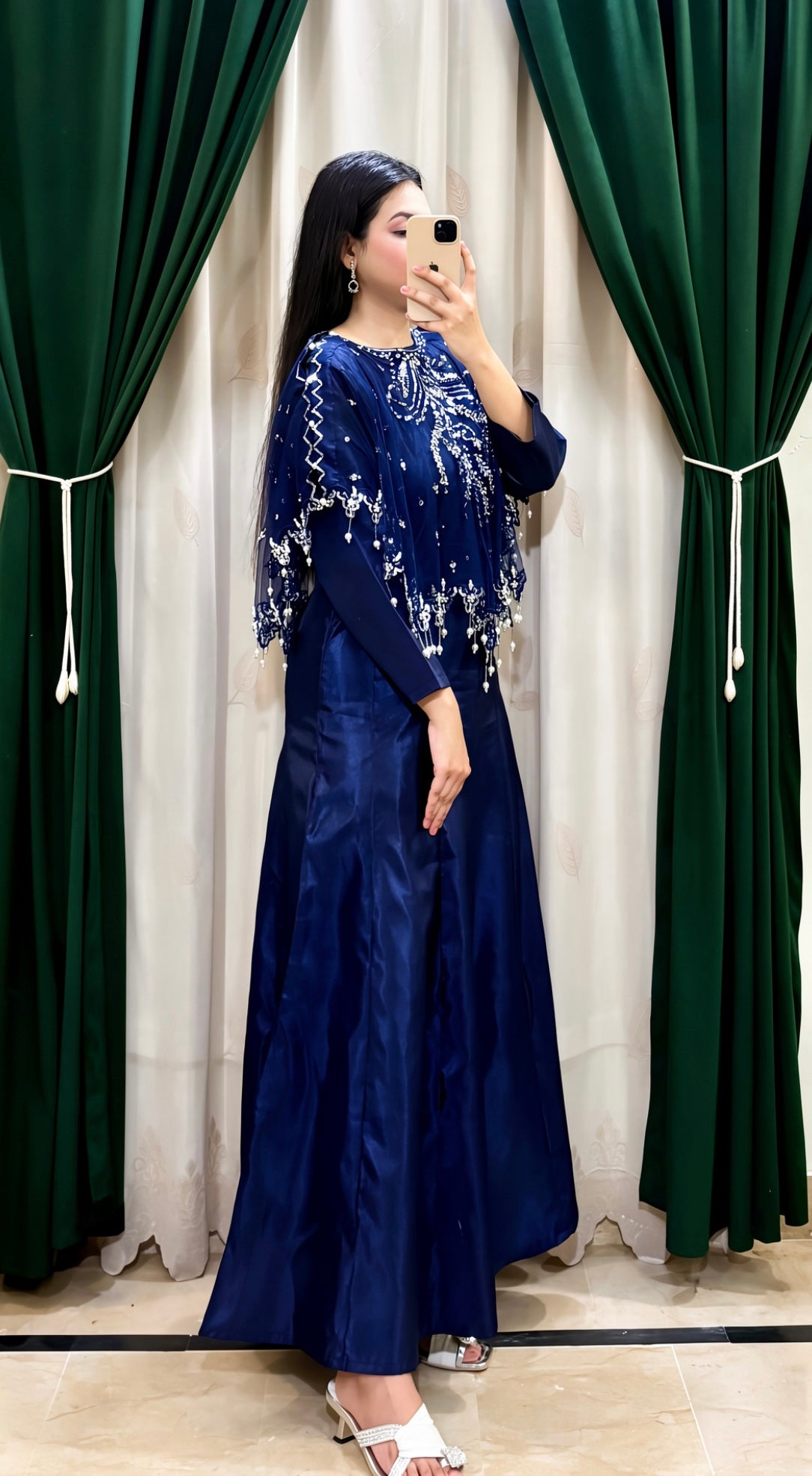 Serene in Sapphire Blue In Viora Majestic Cape & Luxe Crush Flarry Maxi