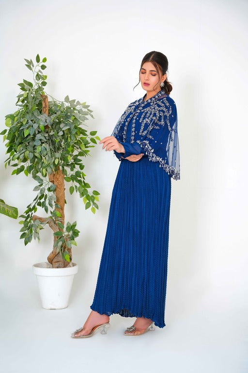 Step into regal elegance with our Majestic Long Tail Cape paired with a stunning Navy Blue Crush Maxi