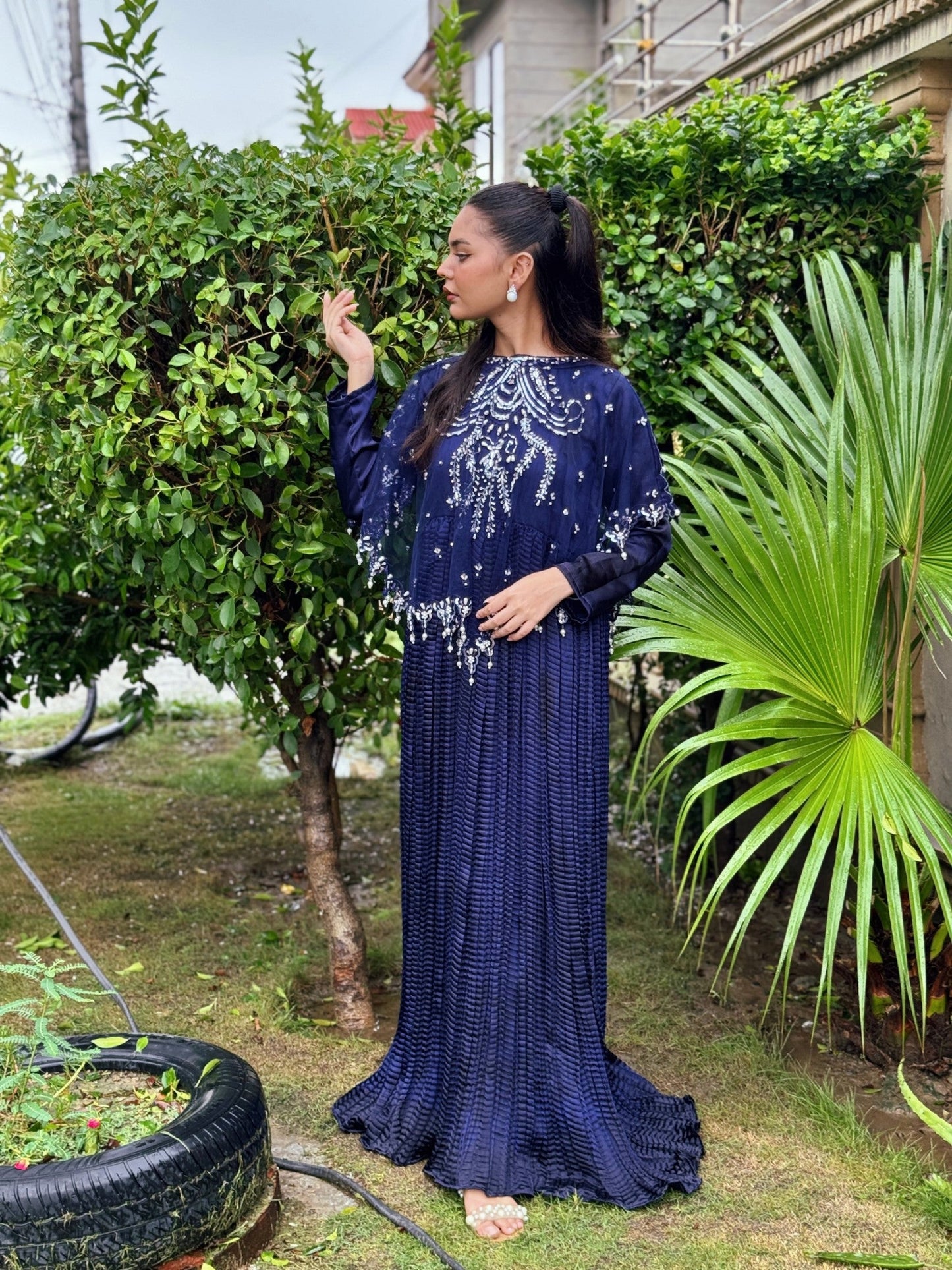 Serene in Sapphire Blue In Viora Majestic Cape & Luxe Crush  Flarry Maxi