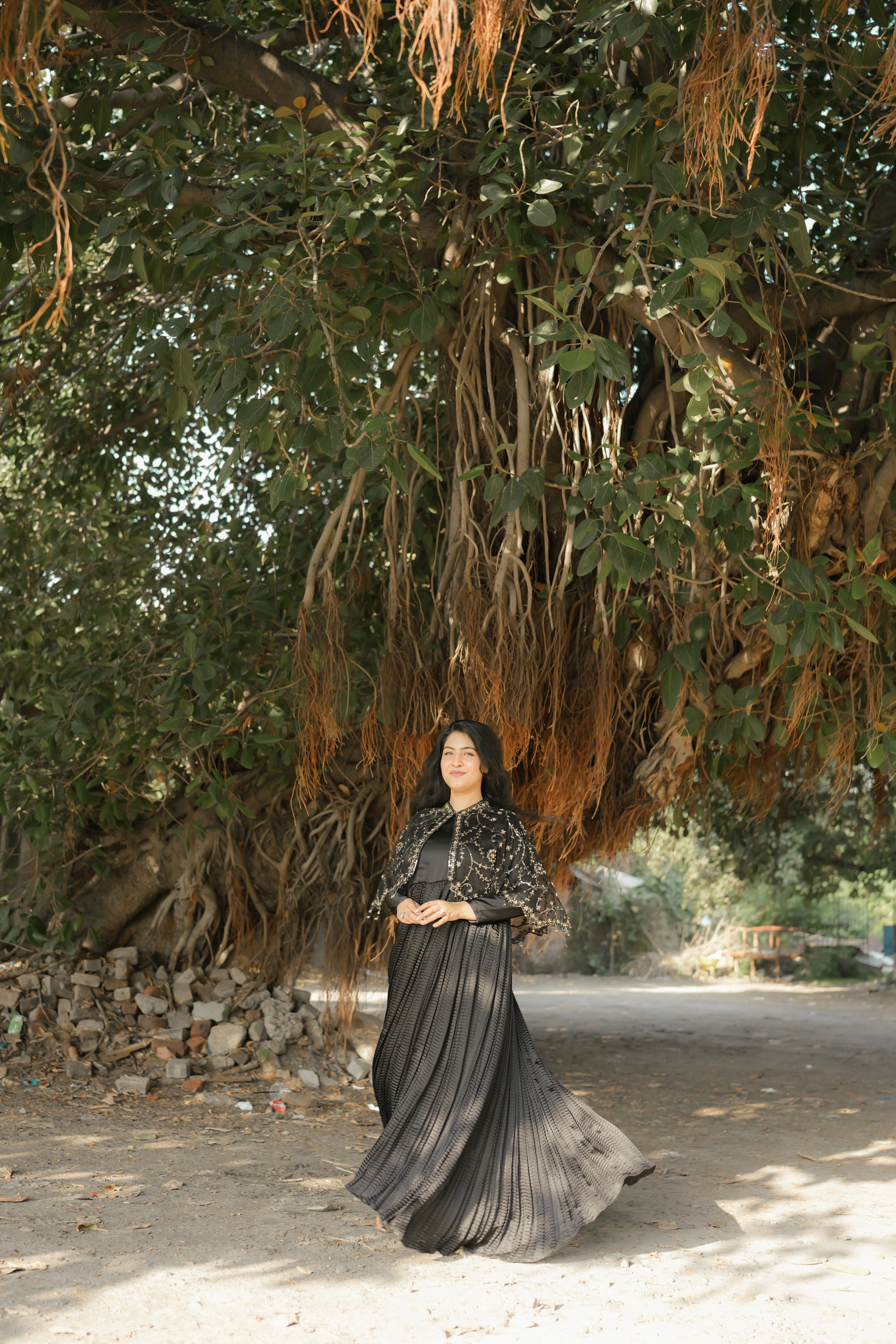 Midnight Allure In Black Arora Allure Cape & Embellished Crush Maxi