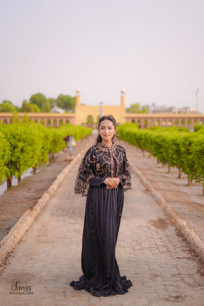 Midnight Allure In Black Arora Allure Cape & Embellished Crush Maxi