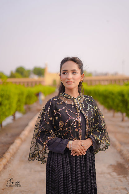 Midnight Allure In Black Arora Allure Cape & Embellished Crush Maxi