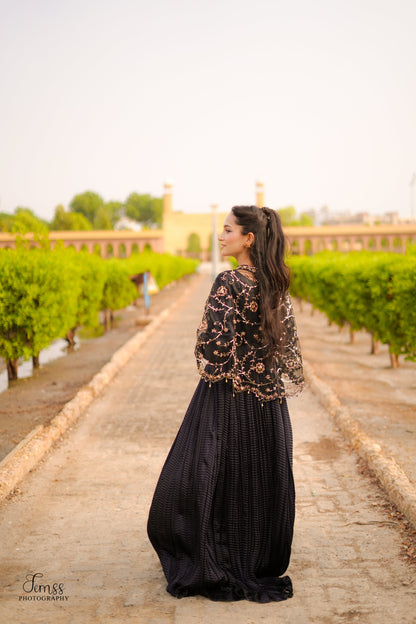 Midnight Allure In Black Arora Allure Cape & Embellished Crush Maxi