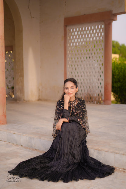 Midnight Allure In Black Arora Allure Cape & Embellished Crush Maxi