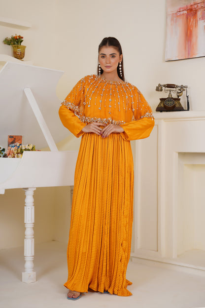 Lumiere Lines Hand Embellished in Hue Orange Cape with Pleated Maxi
