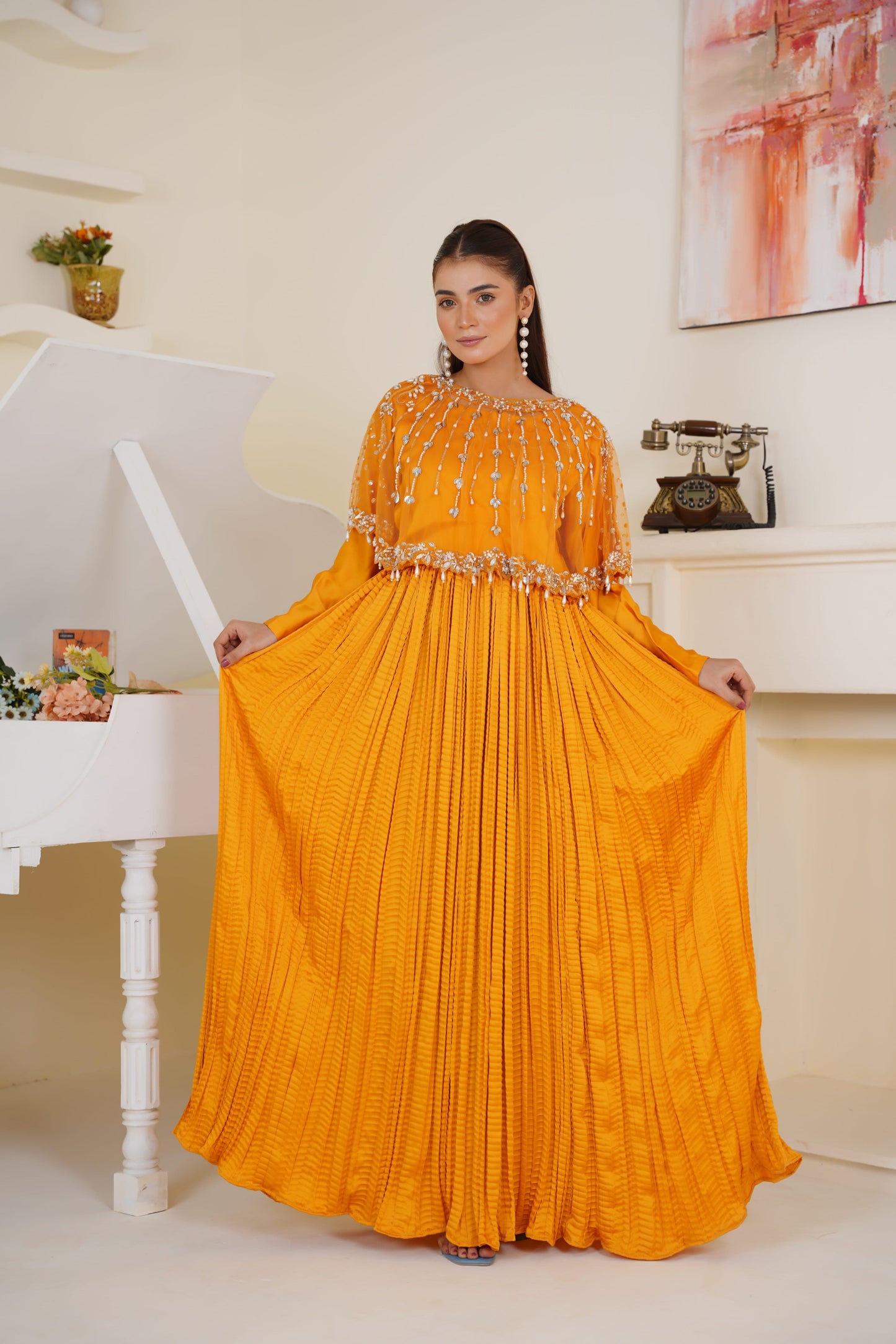 Lumiere Lines Hand Embellished in Hue Orange Cape with Pleated Maxi
