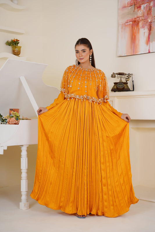 Lumiere Lines Hand Embellished in Hue Orange Cape with Pleated Maxi