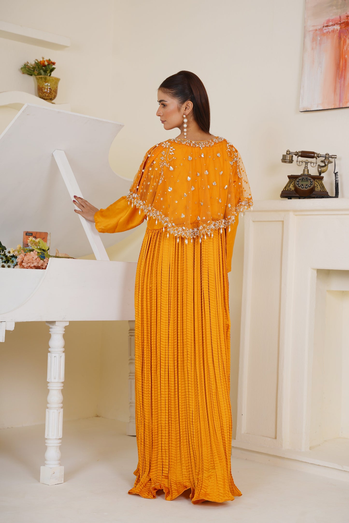 Lumiere Lines Hand Embellished in Hue Orange Cape with Pleated Maxi