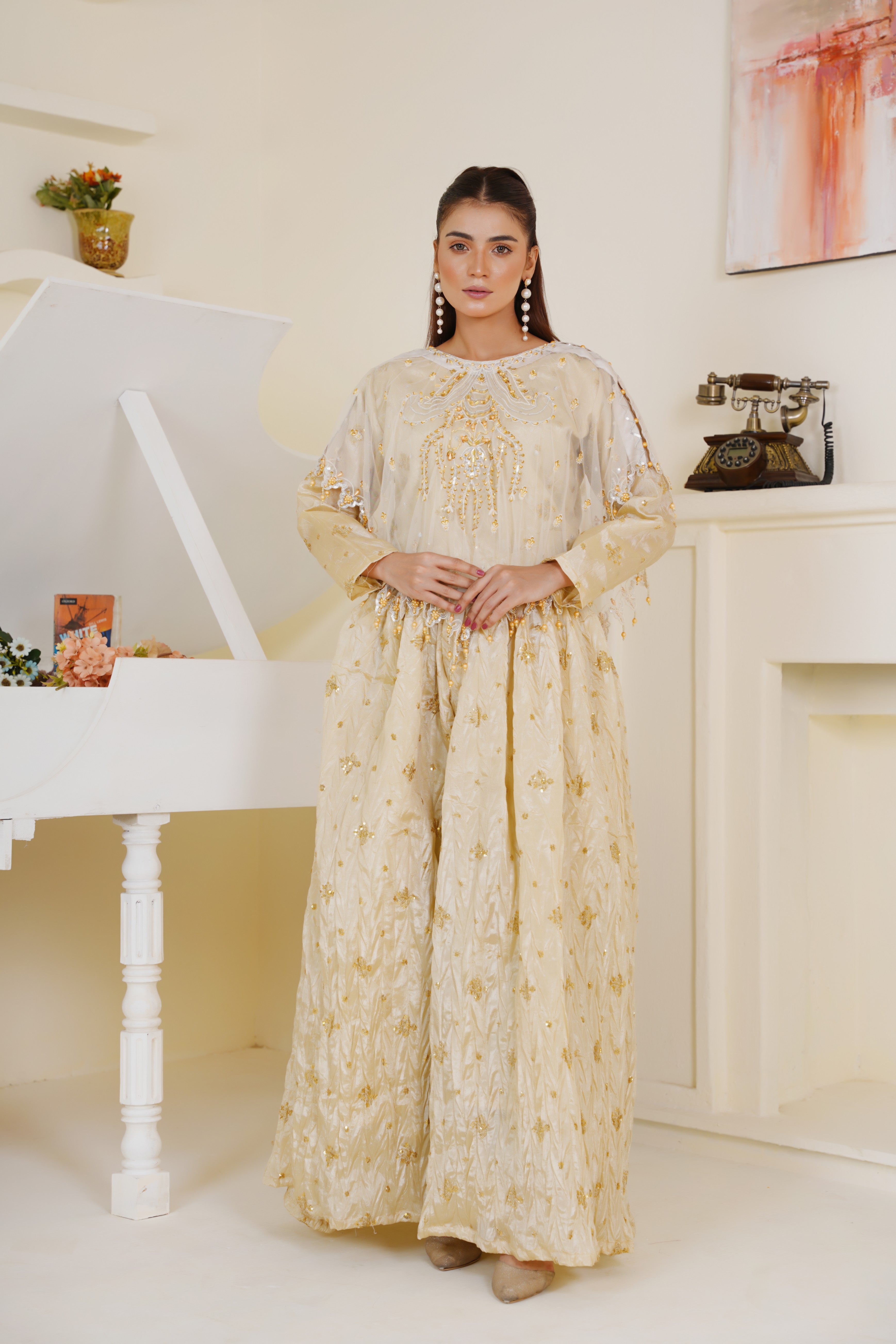 White Viora Majestive Cape Set – Elegant Cape with Choli & Work Boti Sharara | Best for Nikkah Function & Festive Wear for Women