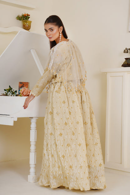 White Viora Majestive Cape Set – Elegant Cape with Choli & Work Boti Sharara | Best for Nikkah Function & Festive Wear for Women