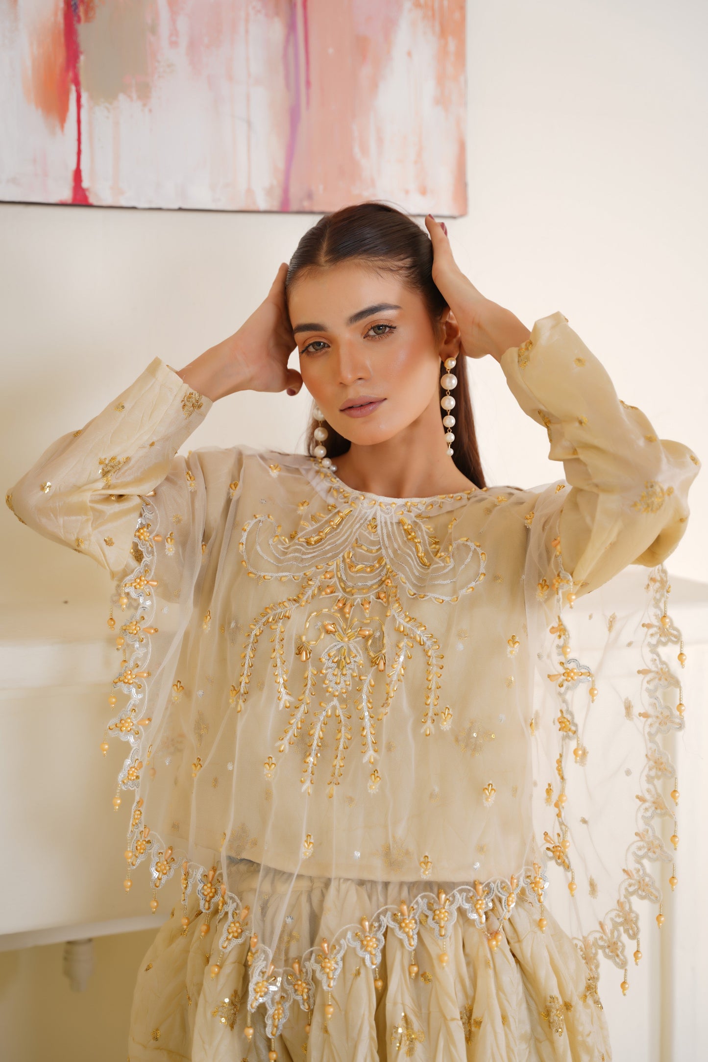 White Viora Majestive Cape Set – Elegant Cape with Choli & Work Boti Sharara | Best for Nikkah Function & Festive Wear for Women