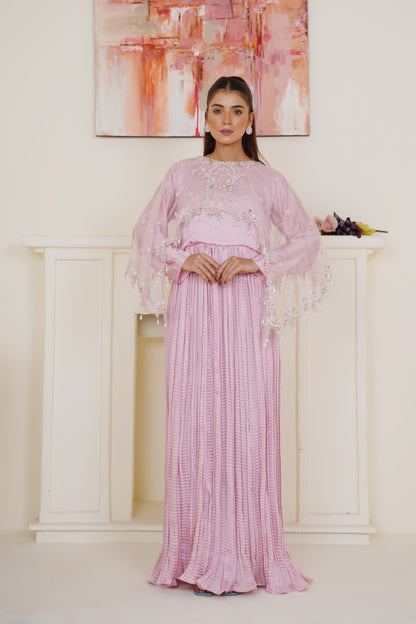 Resham Luxe Cape with Flary Crush Maxi – Baby Pink Thread Work with Silver Detailing | Net Cape & Silk Maxi | Heavy Flare | Formal Wear