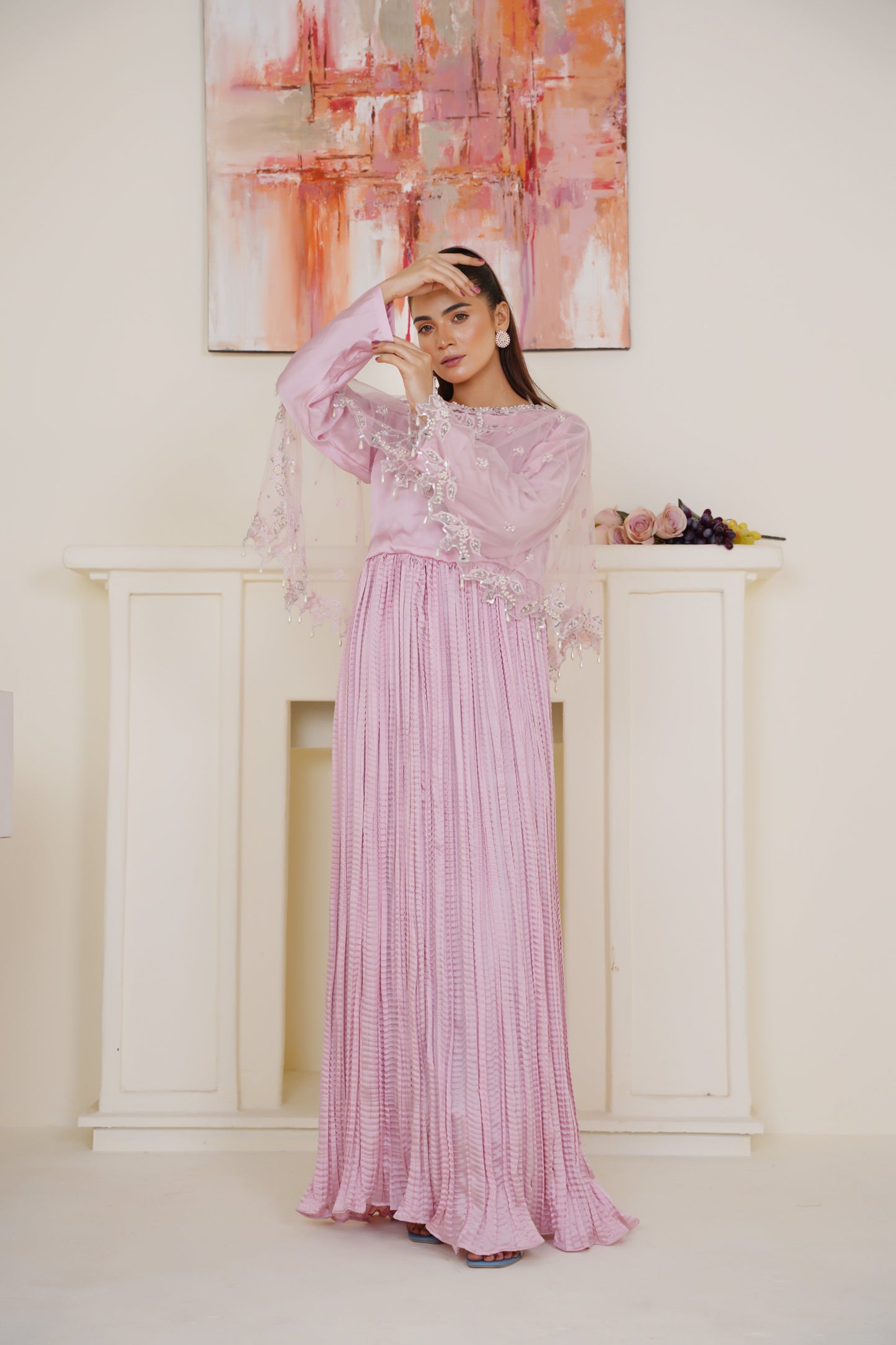 Resham Luxe Cape with Flary Crush Maxi – Baby Pink Thread Work with Silver Detailing | Net Cape & Silk Maxi | Heavy Flare | Formal Wear