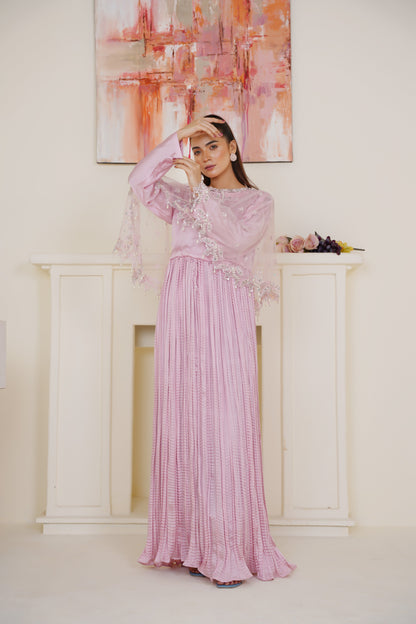 Resham Luxe Cape with Flary Crush Maxi – Baby Pink Thread Work with Silver Detailing | Net Cape & Silk Maxi | Heavy Flare | Formal Wear