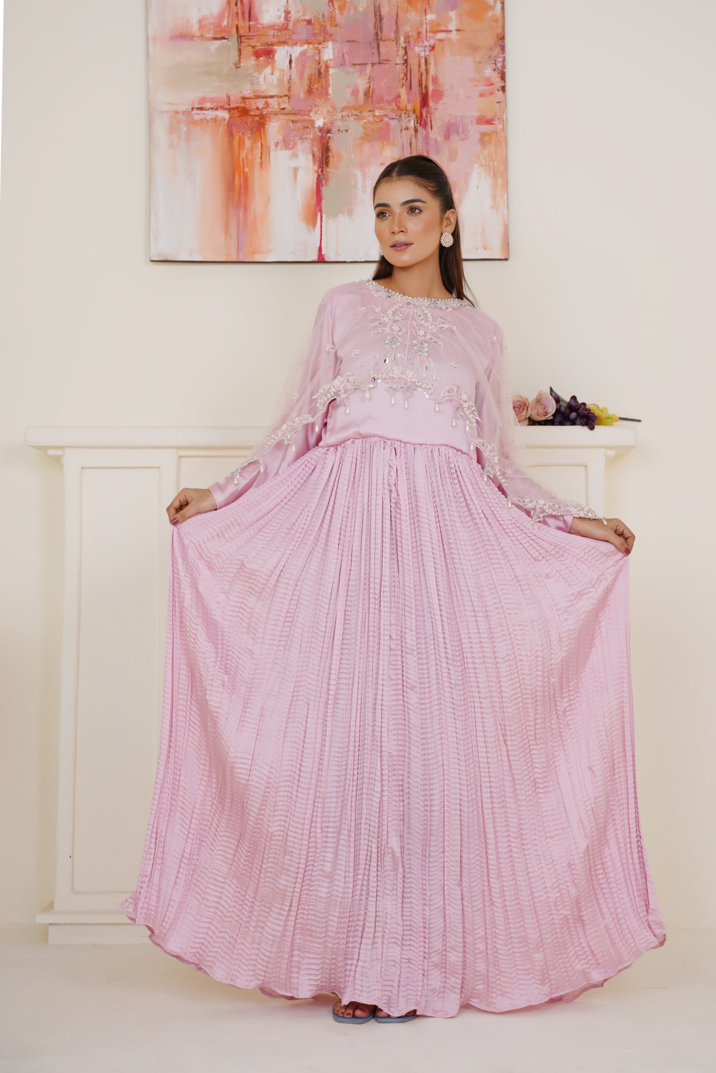 Resham Luxe Cape with Flary Crush Maxi – Baby Pink Thread Work with Silver Detailing | Net Cape & Silk Maxi | Heavy Flare | Formal Wear