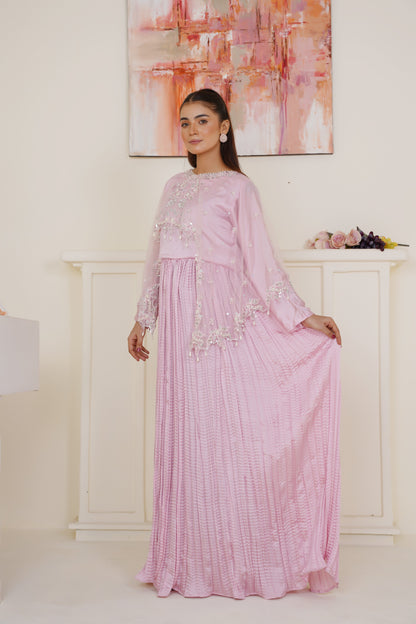 Resham Luxe Cape with Flary Crush Maxi – Baby Pink Thread Work with Silver Detailing | Net Cape & Silk Maxi | Heavy Flare | Formal Wear