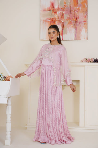 Resham Luxe Cape with Flary Crush Maxi – Baby Pink Thread Work with Silver Detailing | Net Cape & Silk Maxi | Heavy Flare | Formal Wear