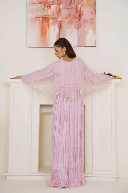 Resham Luxe Cape with Flary Crush Maxi – Baby Pink Thread Work with Silver Detailing | Net Cape & Silk Maxi | Heavy Flare | Formal Wear