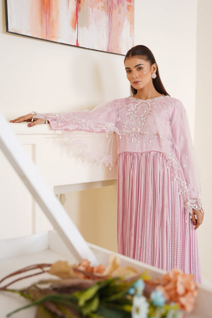 Resham Luxe Cape with Flary Crush Maxi – Baby Pink Thread Work with Silver Detailing | Net Cape & Silk Maxi | Heavy Flare | Formal Wear