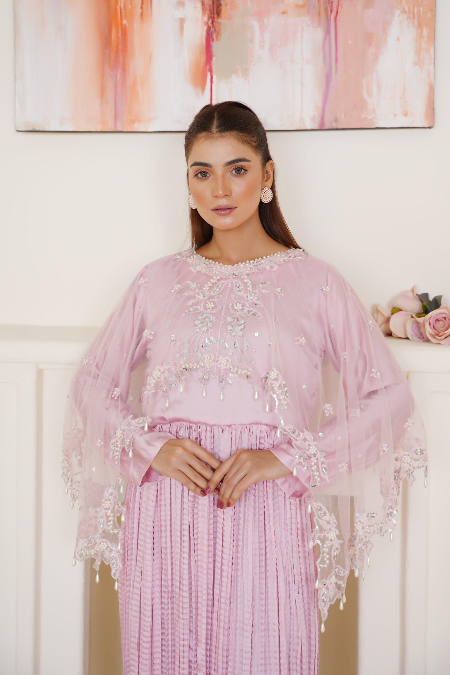 Resham Luxe Cape with Flary Crush Maxi – Baby Pink Thread Work with Silver Detailing | Net Cape & Silk Maxi | Heavy Flare | Formal Wear