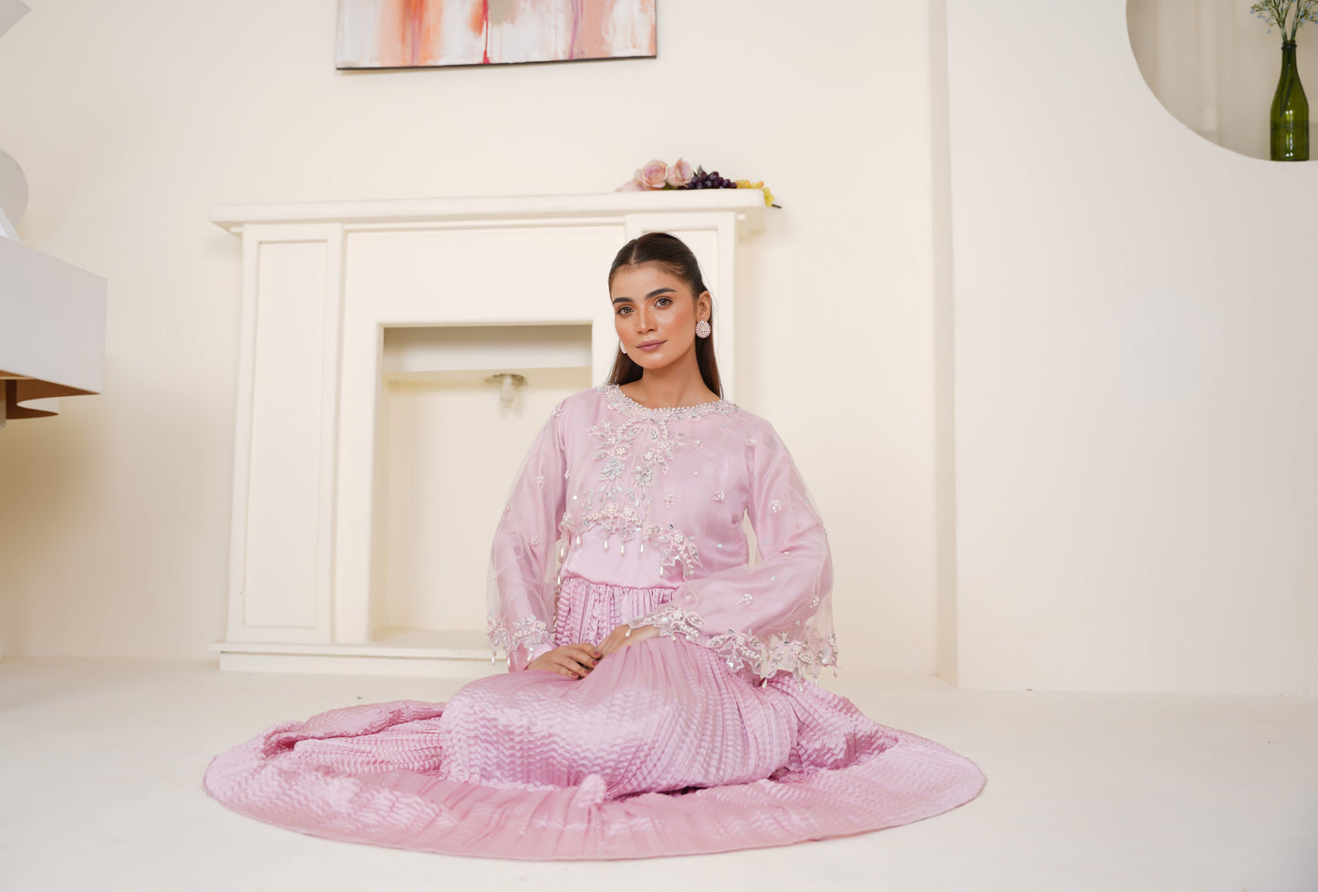 Resham Luxe Cape with Flary Crush Maxi – Baby Pink Thread Work with Silver Detailing | Net Cape & Silk Maxi | Heavy Flare | Formal Wear