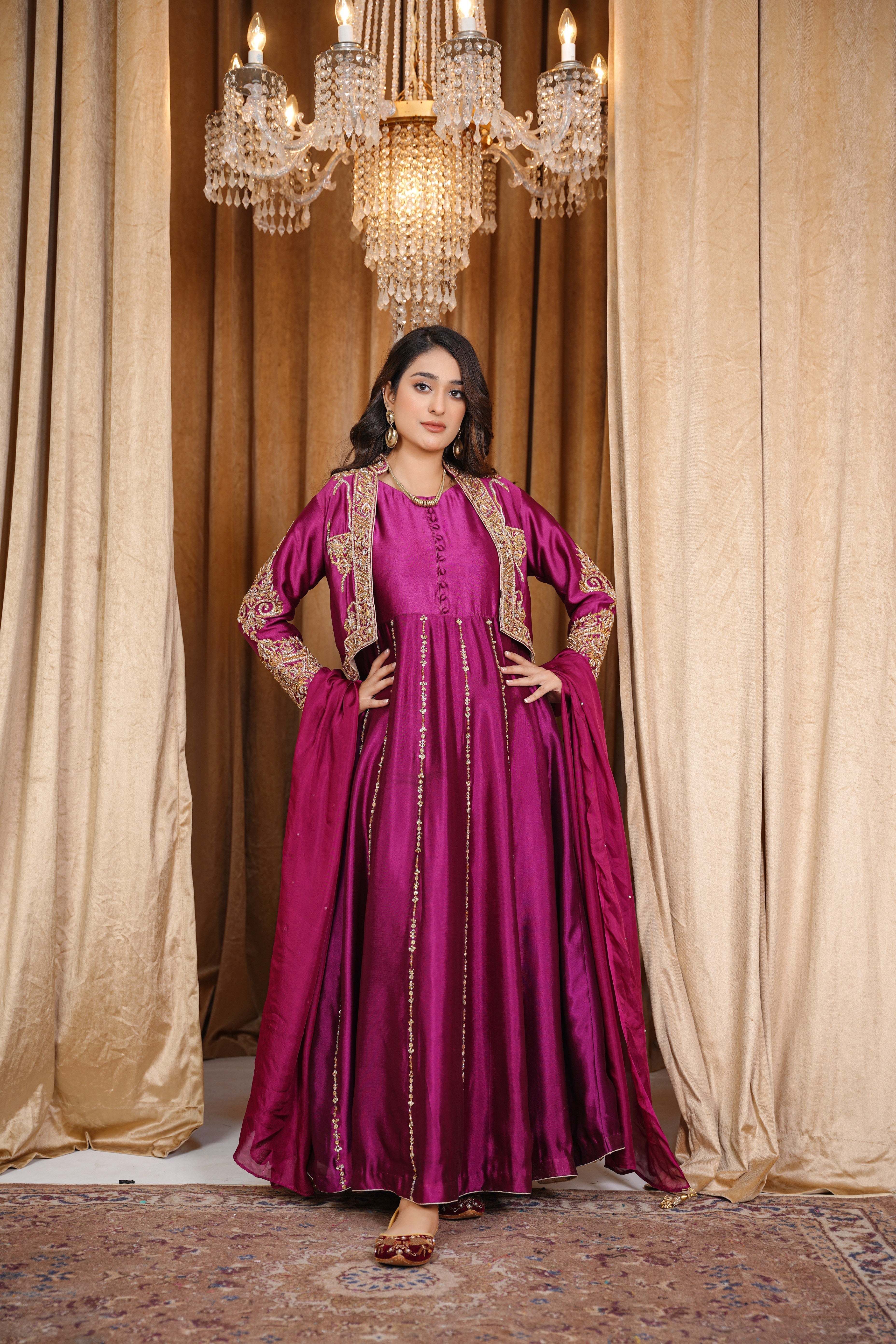 Plum Majesty Ensemble – Silk Maxi with Zari Work and Embellished Jacket | Custom Colors & Size | Wedding & Festive Wear for Women