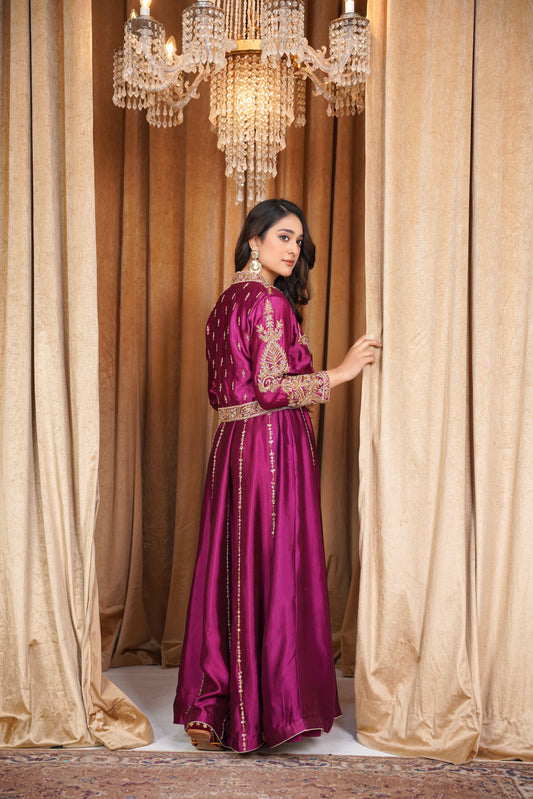 Plum Majesty Ensemble – Silk Maxi with Zari Work and Embellished Jacket | Custom Colors & Size | Wedding & Festive Wear for Women