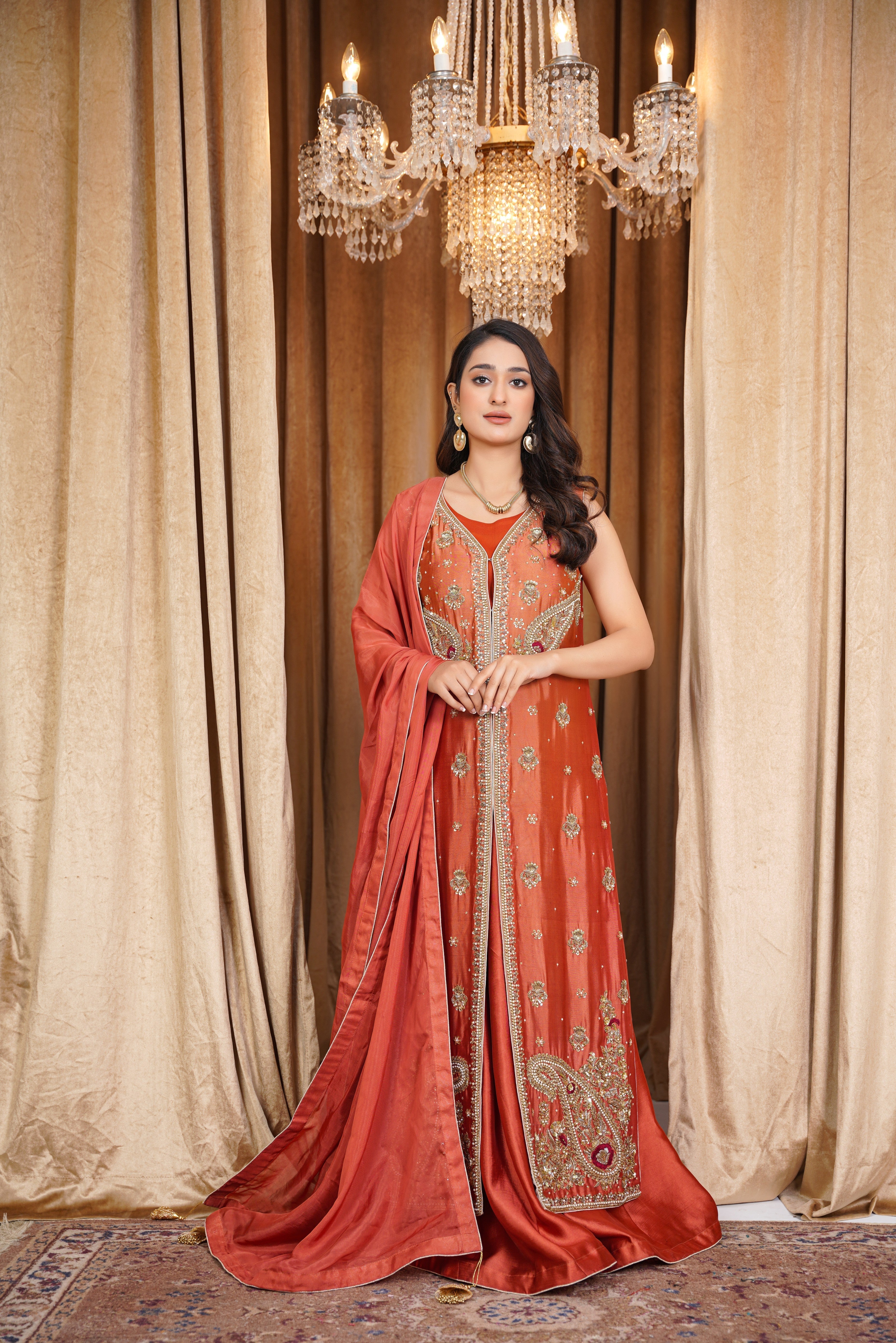 Rust Elegance Resham & Zari Work Gown | Customizable Wedding & Festive Wear for Women | Available in All Sizes & Colors