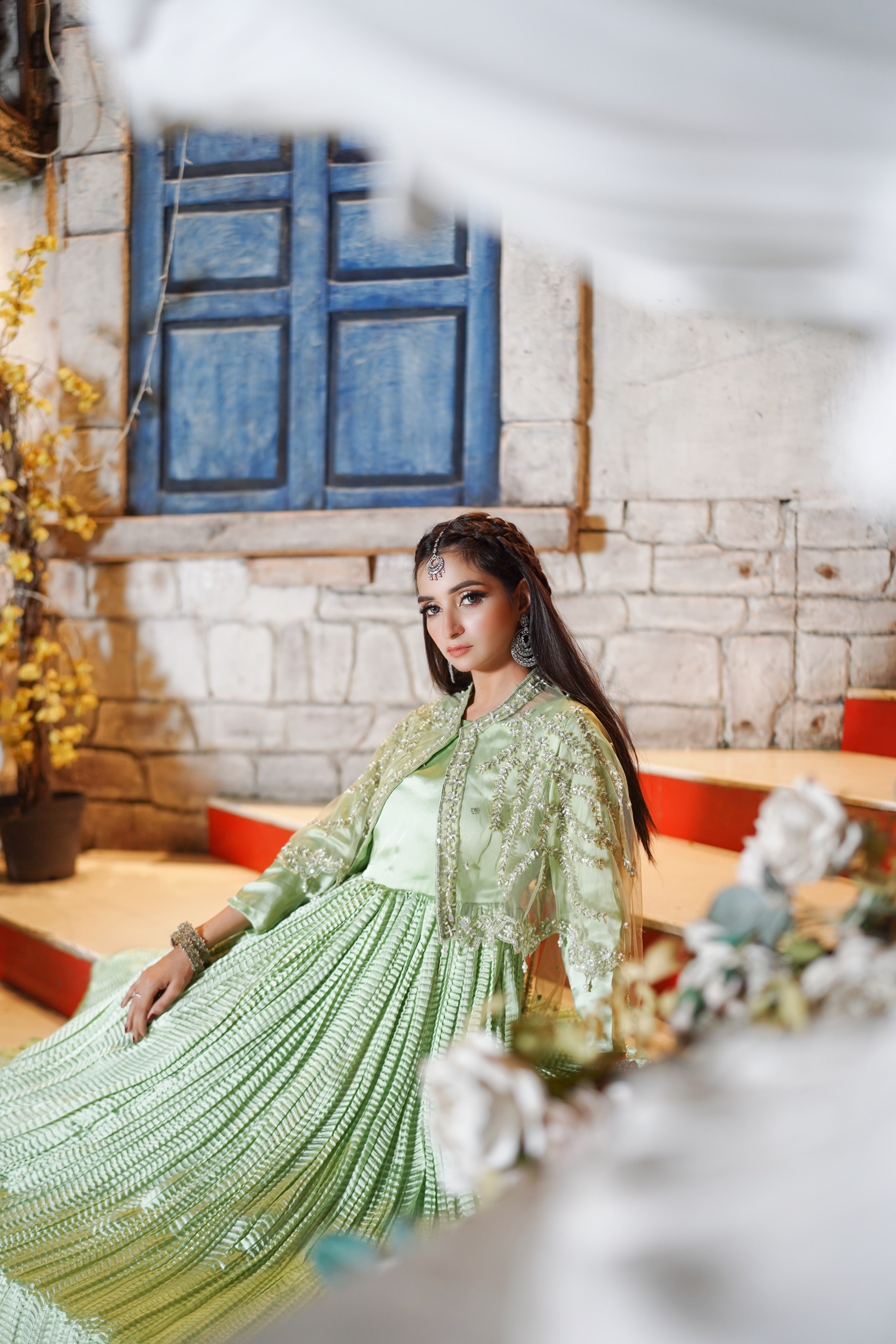 Embrace the enchantment in Pistacho Majestic Long Tail Cape with Suit