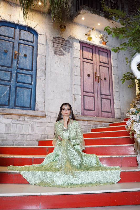 Embrace the enchantment in Pista Majestic Long Tail Cape with flarry maxi