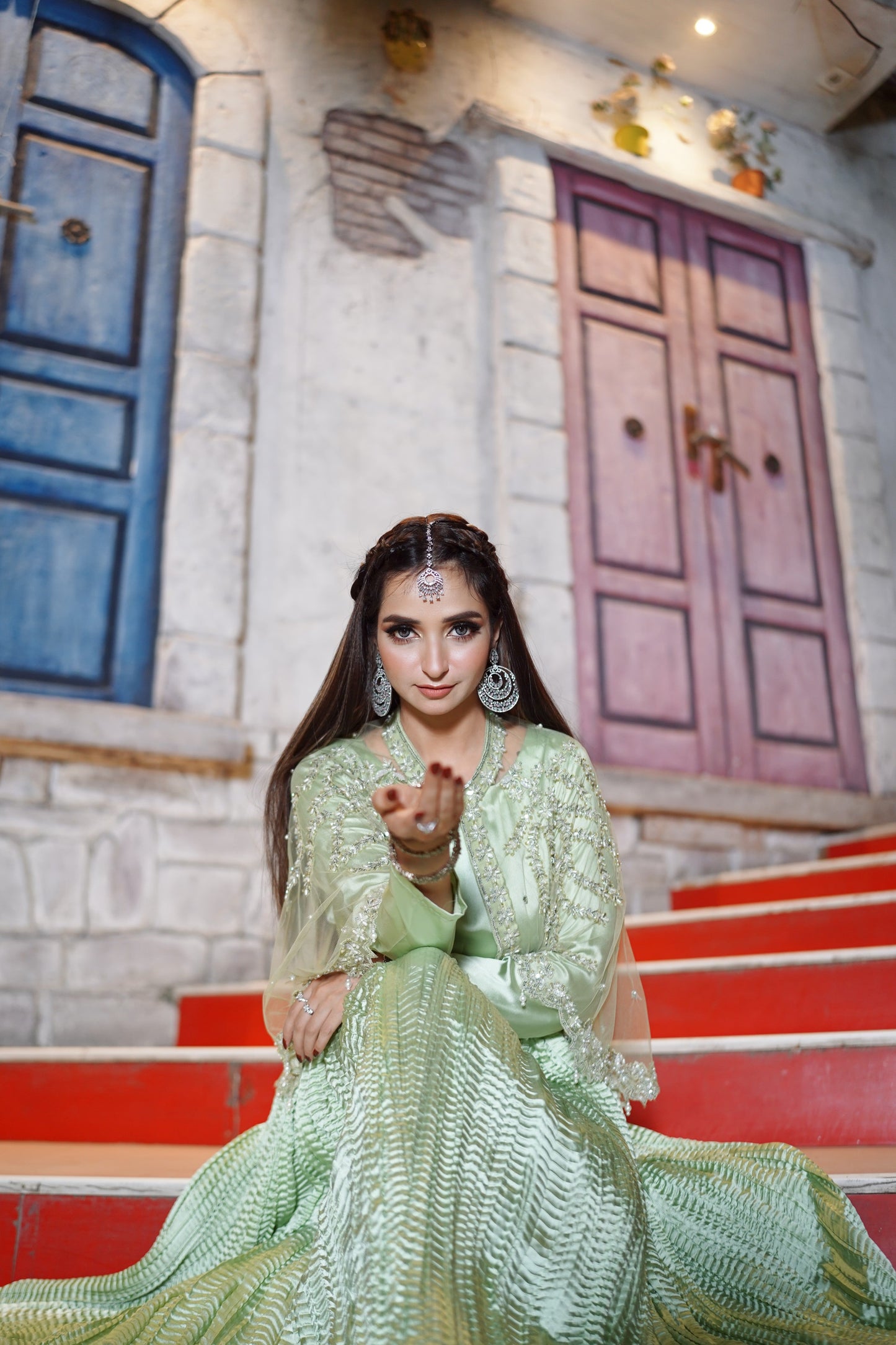 Embrace the enchantment in Pista Majestic Long Tail Cape with flarry maxi