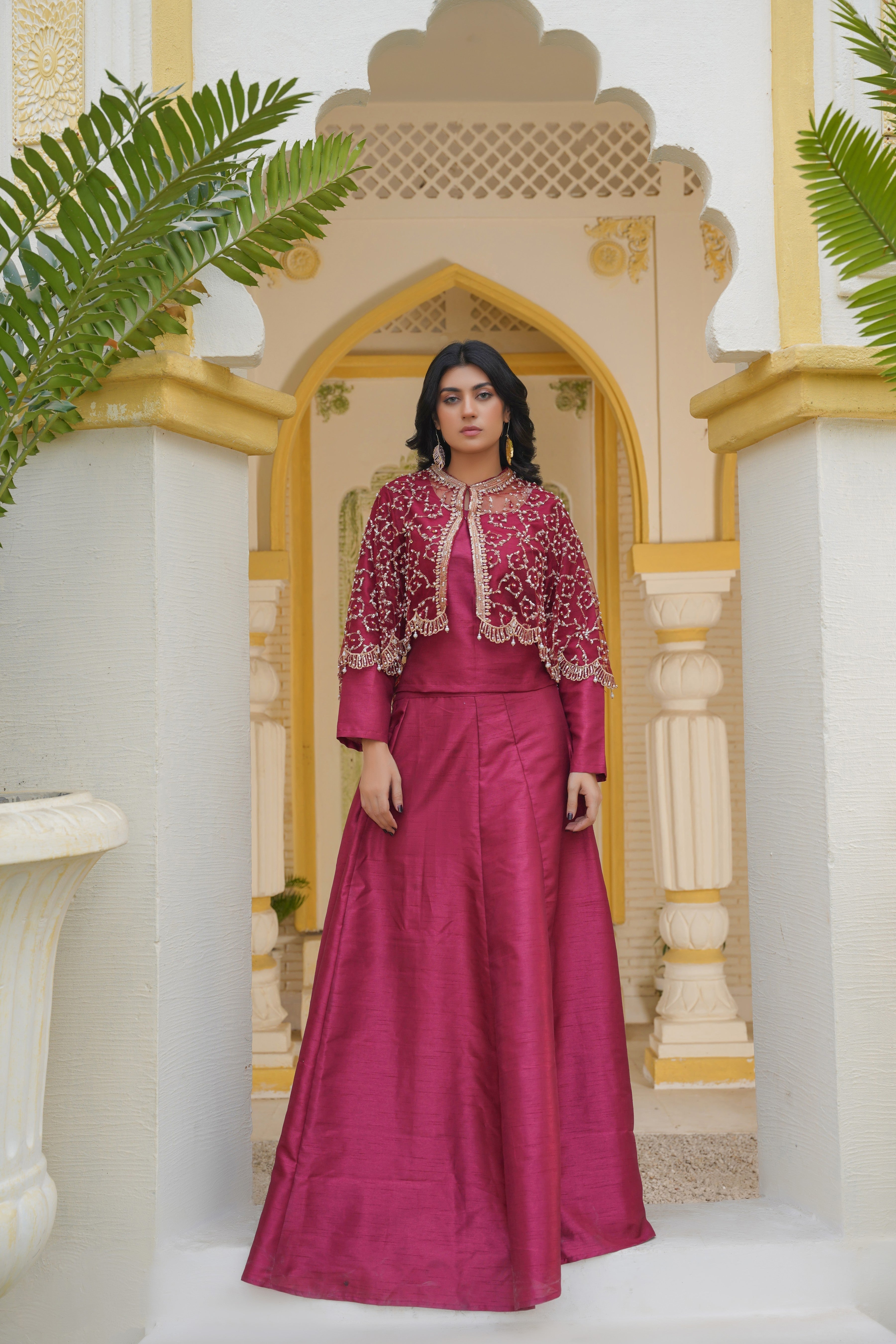 Regal in Ruby Maroon Gilded Elegance Cape & Embellished Lehnga and Choli