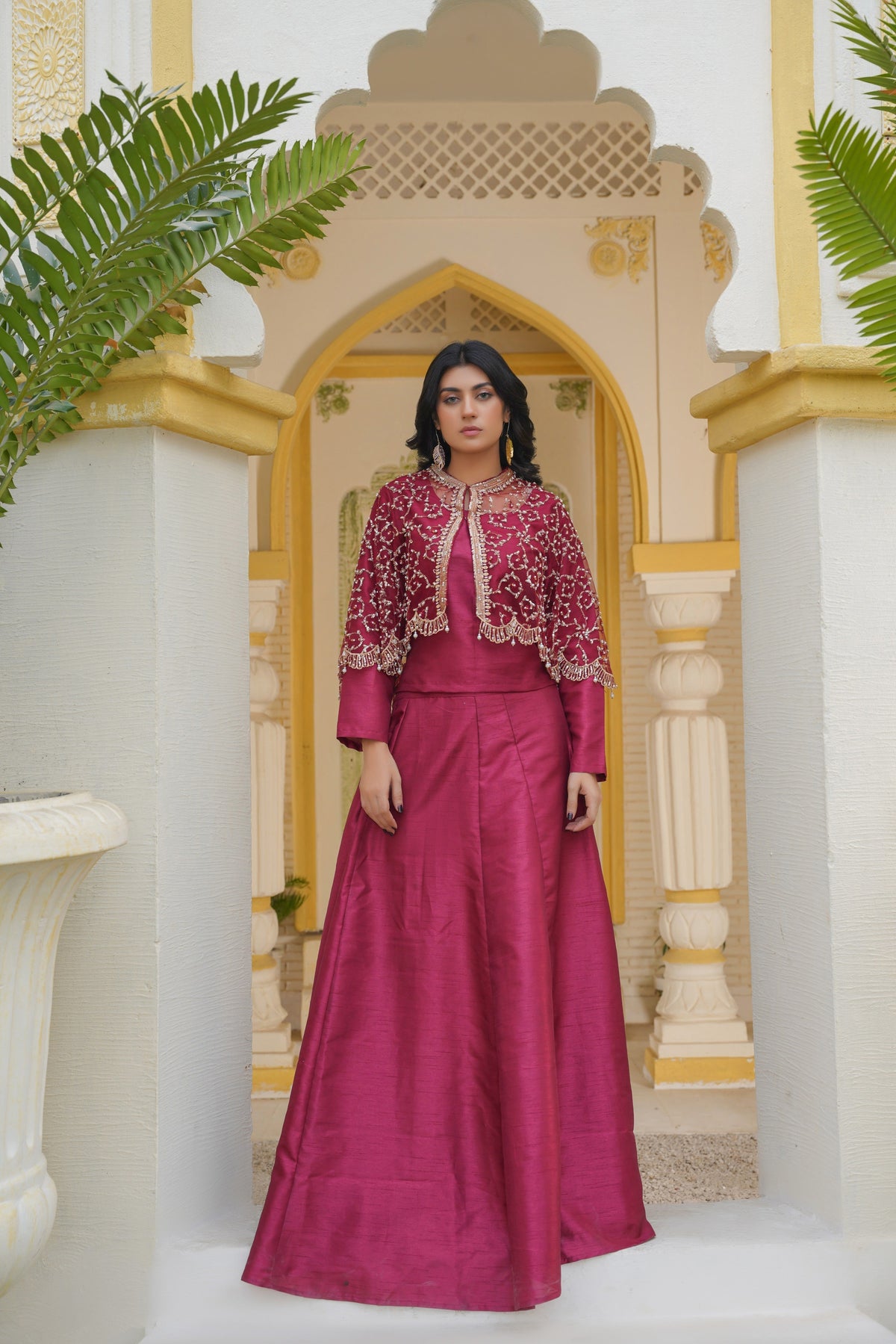 Regal in Ruby Maroon Gilded Elegance Cape & Embellished Lehnga and Choli