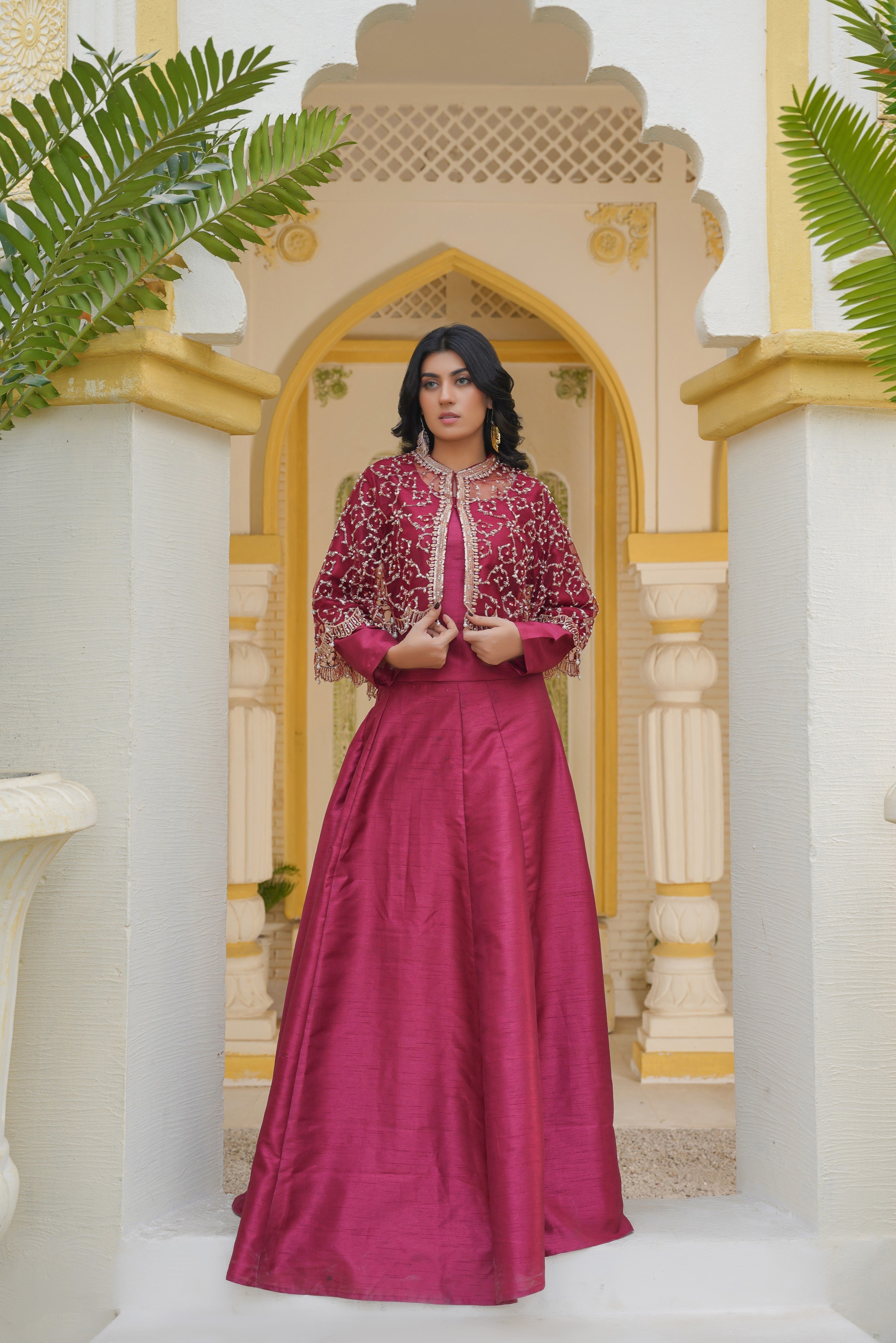 Regal in Ruby Maroon Gilded Elegance Cape & Embellished Lehnga and Choli